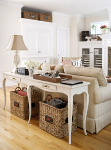 console table with storage baskets underneath