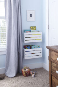 Wall-mounted crates turn otherwise wasted wall space into a valuable storage center