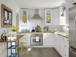 modern kitchen with a white tile backsplash and white cabinetry